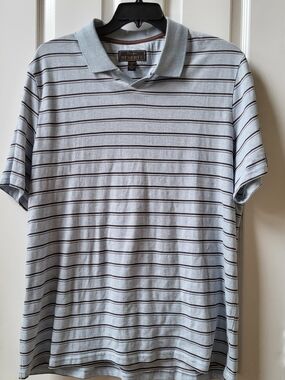 Jos A Bank Reserve Tailored Fit Striped Blue Brown Polo Shirt XL V-Neck Cotton